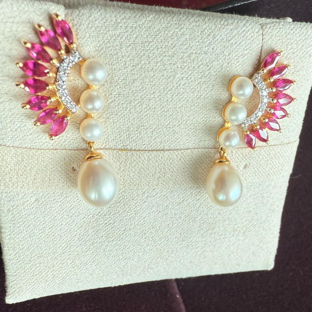 Elegant 18K yellow gold Pearl, Ruby and Diamond Drop Earrings